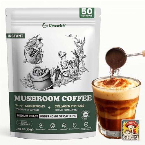 UMEWISH Mushroom Coffee Instant with Marine Collagen, Lion's Mane, Cordyceps, Turkey Tail, Chaga, Reishi for Energy, Focus, Digestion, Skin & Immunity, Keto Friendly(50 Days Supply) - Image 1