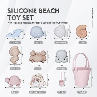 MarcZero 11Pcs Silicone Beach Toys,Modern Baby Beach Toys,Travel Friendly Beach Set,Silicone Bucket, Shovel, 8 Sand Molds, Beach Bag,Silicone Sand Toys for Toddlers, Kids (Pink) - Image 2