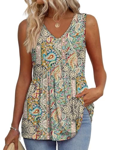 Women's Clothing Plus Size Tops for Women 2025 V Neck Sleeveless Top Vacation Outfits Boho Tops Green Ethnic Floral XL - Image 1