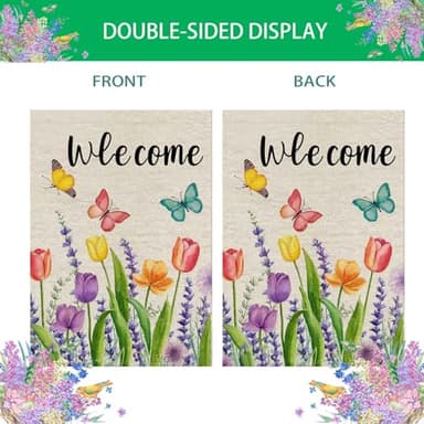 Spring Summer Tulip Lavender Welcome Easter Garden Flag 12 x 18 Inch Double Sided, Butterfly Floral Small Burlap Yard Outdoor Flag Seasonal Outside Decoration - Image 4