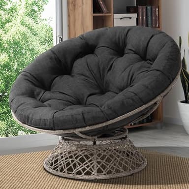 Bme Metal Oversized Swivel Papasan Chair, Living Room Chair with Black Cushion, Gray Frame, 360° Swivel, Skillfully Woven Resin Wicker, 46 Inch Wide, Bee-Designed Base, Modern Style, Indoor Use - Image 1