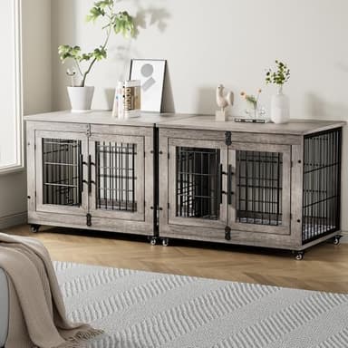 Lulive Dog Crate Furniture for Medium Dogs, 32'' Dog Kennel Indoor with Cushion & Wheels Wooden Dog Cage Double Doors Dog Crate End Table, Grey - Image 9