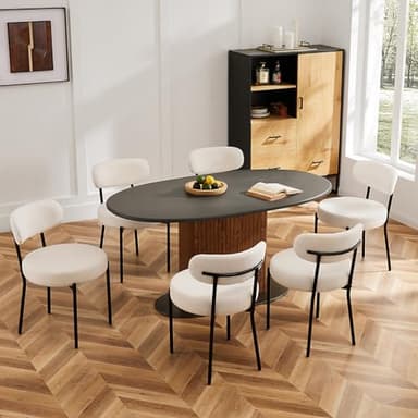 Sweetcrispy Dining Chairs Set of 6, Boucle Upholstered Modern Mid Century Round Kitchen Chairs with Curved Backrest & Metal Legs for Vanity, Living Room - Beige - Image 3