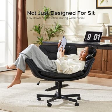 amseatec Criss Cross Chair with Armrests & Wheels, PU Leather Vanity Chair, Comfortable Adjustable Swivel Computer Office Desk Chairs for Home, Make Up, Bed Room (Black) - Image 5