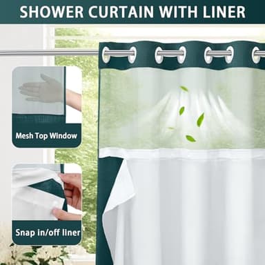 YellyHommy No Hook Shower Curtain with Snap in Liner Set Less Time Waffle Shower Curtain for Bathroom 75" L x 72" W Seaweed Green - Image 3