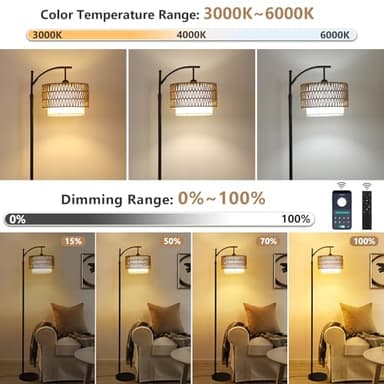 Arc Floor Lamp for Living Room with 3 Color Temperatures, Farmhouse Floor Lamps with Remote & Dimmable Bulb, Boho Standing Lamp with Rattan & Fabric Shades, Adjustable Tall Lamp for Bedroom, Office - Image 2