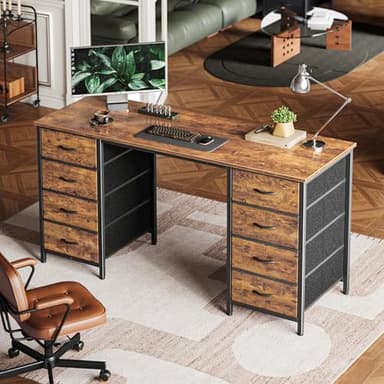 Huuger 55 Inch Computer Desk with 8 Fabric Drawers, Office Desk Work Desk for Home Office, Study, Gaming Desk with Drawers, Large Storage, Rustic Brown - Image 9
