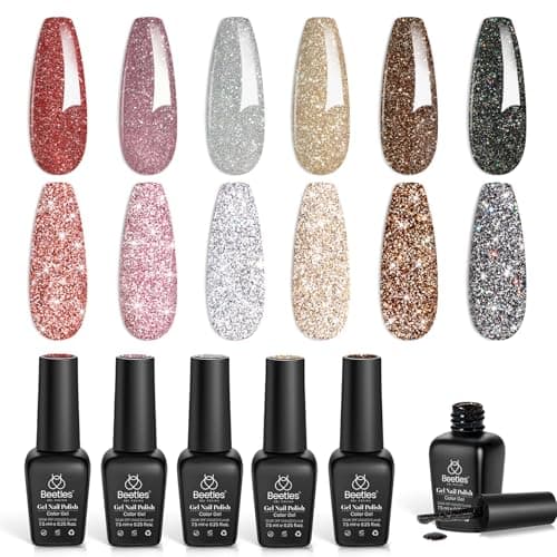Beetles Reflective Glitter Gel Nail Polish Set, 6 Colors Holographic Sparkle Glitter Gel Polish Flash Diamond Sliver Gold Black Red UV LED Soak Off Manicure Gift for Women Girls - Image 1