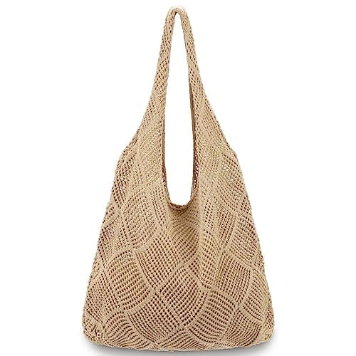 hatisan Crochet Bags for Women - Summer Beach Tote, Aesthetic Hippie Knit Bag (A-Khaki) - Image 1