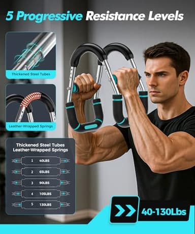 RENRUI Twister Arm Trainer, Adjustable 5 Resistance Levels (40-130 lbs) Chest & Arm Workout Equipment for Men & Women, Ergonomic Home Gym Strength Trainer with Anti-Slip Handles & Carry Bag (Blue) - Image 3