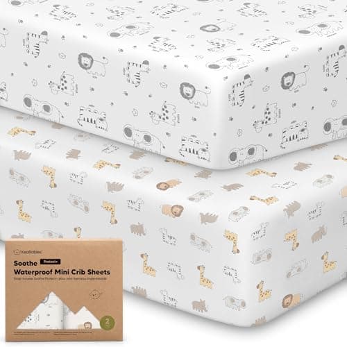 2-Pack Pack and Play Sheets, Waterproof Mini Crib Sheets Fitted - Organic Cotton Pack N Play Sheets for Graco Pack and Play Mattress, Playard Baby Crib Sheets, Neutral for Boy,Girl,Toddler(KeaSafari) - Image 1