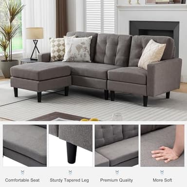 VECELO Convertible Sectional Sofa, Modern Linen Fabric L-Shaped Couch with Reversible Chaise for Living Room/Apartment/Office, Grey - Image 4