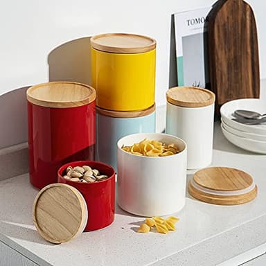 Sweejar Kitchen Canisters Ceramic Food Storage Jar, Stackable Containers with Airtight Seal Wooden Lid for Serving Coffee Bean, Flour, Tea, Spice and More - 39 Fl Oz (Red) - Image 4