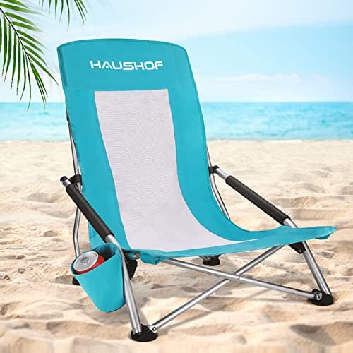 HAUSHOF High Back Beach Chair, Mesh Back Folding Chair, Lightweight Low Seat Camping Chairs with Cup Holder, Carry Bag, Padded Armrest for Outdoor Beach Lawn Camping Picnic Festival - Image 1