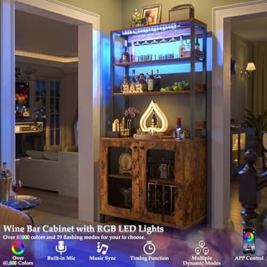 Aheaplus Bar Cabinet with Power Outlets, 67" Tall Wine Bar Liquor Cabinet with LED Lights & Glass Holder, Coffee Bars Station for Living Room, Microwave Stand Bakers Rack Cabinets, Rustic Brown - Image 3