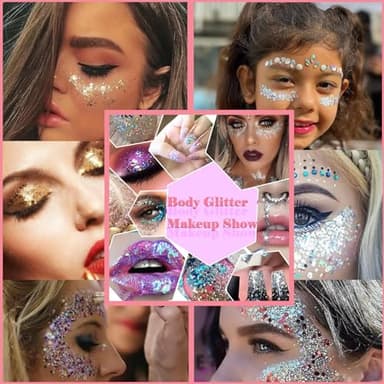 Body Glitter Face Glitter Gel: Singer Concerts Disco Festival Rave Accessories Face Glitter Makeup 150ml Chunky Sequins Mermaid Face Body Hair Glitter Gel (White&Silver&Pink) - Image 5