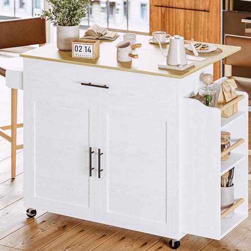 IRONCK Kitchen Island with Storage, Rolling Kitchen Island on Wheels with Drop Leaf, 3 Open Spice Rack Shelf, Door Cabinet, Drawer, Kitchen Cart Island Table for Kitchen, White - Image 1