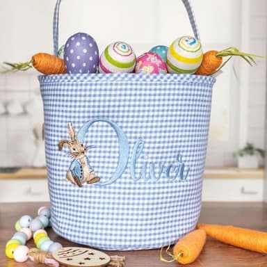 Personalized Easter Basket for Kids - Embroidered Bunny Nursery Storage Tote, Custom Easter Basket in pink/blue plaid, Easter Egg Hunt Bucket - Image 4