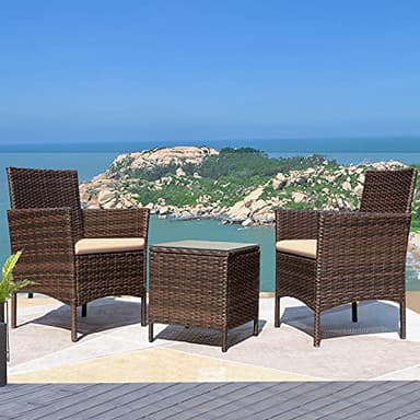 Greesum 3 Pieces Patio Furniture Sets Outdoor PE Rattan Wicker Chairs with Soft Cushion and Glass Coffee Table for Garden Backyard Porch Poolside, Brown and Beige - Image 3