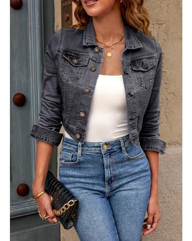 Luvamia Women's Long Sleeve Button Down Stretchy Denim Jean Jacket - Cropped, Dressy Utility Style in Faded Black - Size X-Large (Fits 16/18) - Image 8