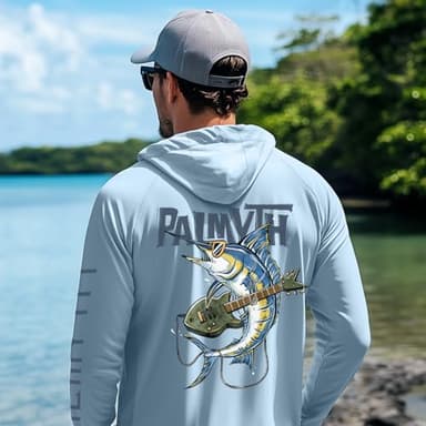 Palmyth Mens Fishing Shirts UV Sun Protection Vented Hoodie Long Sleeve with UPF 50+ Neck Gaiter Light Blue Marlin Guitar X-Large - Image 6