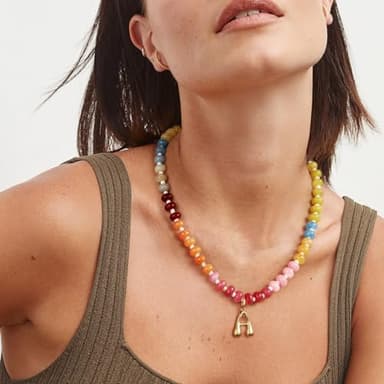 KissYan Initial Necklaces for Women, Colorful Beaded Gemstone Choker 14K Gold Bubble Letter Pendant Necklace Natural Stone Summer Beach Handmade Jewelry Gift(C) - Image 4