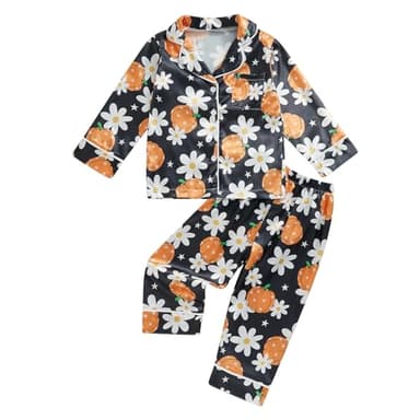 Honganda Kids Toddler Baby Girl Boy Halloween Pajamas Set Ghost Pumpkin Pajama Shirt Top Pants Satin Loungewear Outfits (Black Orange, 2-3 Years) - Image 1
