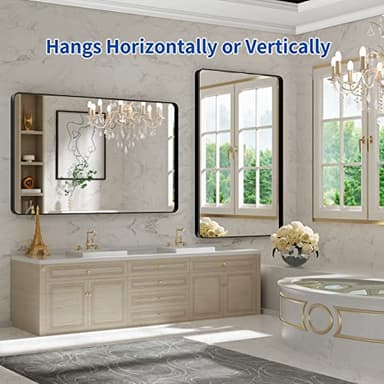 WEER 48X30 Inch Black Metal Framed Bathroom Mirror, Matte Black Bathroom Vanity Mirror, Rectangular Black Wall Mirror for Bathroom, Tempered Glass, Rounded Corner, Hangs Horizontal or Vertical - Image 5