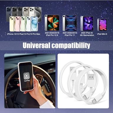 Car Carplay Cable for iPhone 17 16 15 Pro Plus Pro Max Air，3-Pack [3.3FT+3.3FT+6FT] USB A to USB C Cable for iPhone 17 16 15，for iPad Pro/Air/Mini，for Galaxy S25 S24，for MacBook Pro/Air and More - Image 5