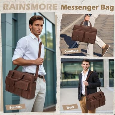 RAINSMORE Messenger Bag for Men 16 Inch Leather Laptop Bags Work Computer Briefcase Vintage Mens Satchel Shoulder Bag for Work, Office, Business, Travel, Brown - Image 3