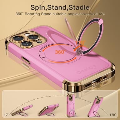 COOLQO for iPhone 15 Pro Max Case 6.7'' Upgraded 360° Spin Magnetic Stand [Compatible with Magsafe][Military Protection] Shockproof Protective Phone Holder Cover for iPhone 15 Pro Max, Pink Gold - Image 3