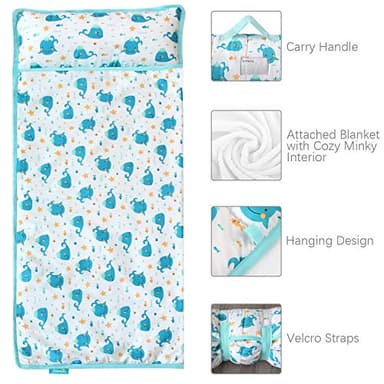 Toddler Nap Mat with Pillow and Blanket, Cot Nap Mats for Daycare Preschool, Lightweight Portable Travel Sleeping Bag for Kids, Warm & Skin-Friendly, Blue Whale, 50" x 21" - Image 4