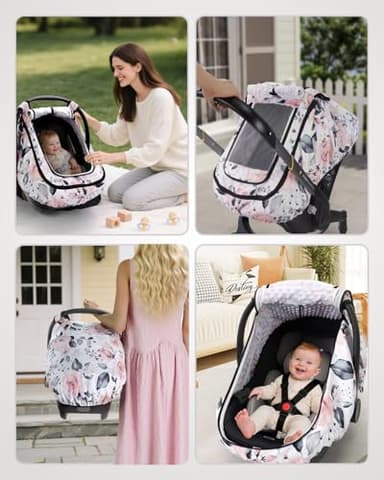Sweetwavet Car Seat Cover Baby Girls, Infant Car Seat Canopy Outdoor, 2 Layers with Mesh and Sun Shade Window for Summer Winter, Easy Access Carseat Covers Snug Fit Baby Stroller - Pink Floral - Image 8