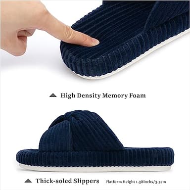Chantomoo Slippers for Women Memory Foam House Bedroom Corduroy Bow Crossbands Slide Slipper Shoes Comfy Trendy Gift Slippers Navy Blue Size7 8 6.5 - Image 2