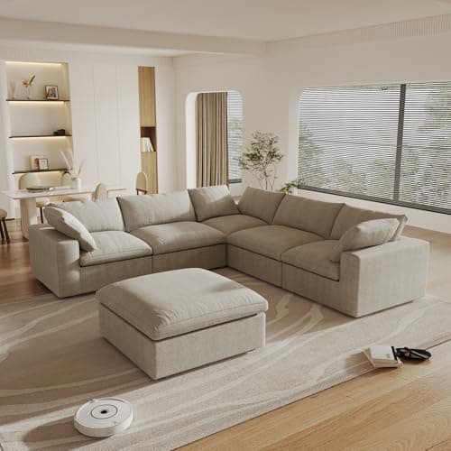 160.6" Cloud Couch Modular Sectional Sofa for Livingroom,Oversized Convertible Sofa with Storage Ottomans,6 Seat Wide Couches,Cushion Covers Removable (Khaki, 6 Seater) - Image 1