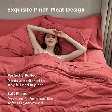 Bedsure King Size Comforter Set Coral Red - Bed in a Bag King Size 7 Pieces, GentleSoft™ Pintuck Bed Set Gift for Family, Pinch Pleat Coral Red Comforter with Sheets, Pillowcases & Shams - Image 4