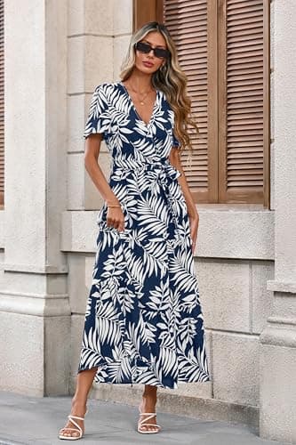 MASCOMODA Womens Summer Boho Maxi Dress Floral Wrap V Neck Flutter Short Sleeve Tie Waist A Line Tiered Flowy Long Dresses(Navy White Flower,Large) - Image 3