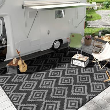 Outdoor Plastic Straw Rug - 5x8 ft Waterproof Patio Rug Clearance, Reversible Outdoor Carpet for RV, Camping, Deck, Balcony, Porch, Picnic, Backyard (Black & Grey) - Image 7