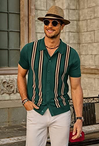 PJ PAUL JONES Mens Retro Striped Polo Shirt Short Sleeve Button Down Knitted Shirts Green XXL - Image 4