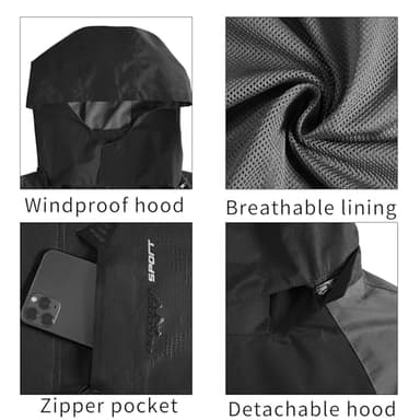 TEZO Mens Rain Jacket Waterproof with Hooded Hiking Coat Lightweight Windbreaker(BK/GY XL) - Image 5