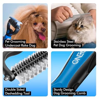 OneCut Pet Grooming Brush and Metal Comb Combo, Pet Grooming Rake and Brushes for Small, Medium & Large Dogs Double Sided Deshedding Tool Removes Knots and Tangled Hair (Blue) - Image 8