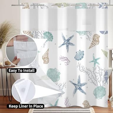 Meiguiman No Hook Shower Curtain Nautical Coastal Shower Curtain with Snap in Liner Set Ocean Beach Coral Starfish Bathroom Curtains No Hook Double Layers Fabric Washable 71x74 Inch - Image 4