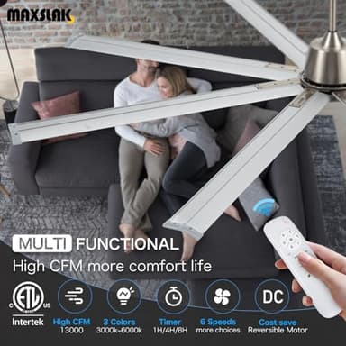 Maxslak 84" industrial Ceiling Fans with Light,Large Ceiling Fan with Modern 8 Aluminum Blades,Works with Alexa,Noiseless DC Motor,Brushed Nickel Outdoor Ceiling Fan for Garage or Pool area - Image 2