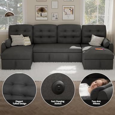 Ucloveria Sectional Sofa Couch, 112" Sleeper Sofa Bed with Dual Reversible Storage Chaise Pull Out Couch for Living Room | Side Pocket | Charging Station | Removable Backrest | Linen Fabric, Dark Grey - Image 6