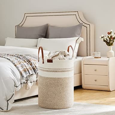 VIPOSCO Tall Laundry Basket, Large Dirty Clothes Hamper with Leather Handle, Woven Rope Storage Basket for Blanket, Toy In Living Room, Bathroom, Bedroom - 72L Brown & White - Image 4