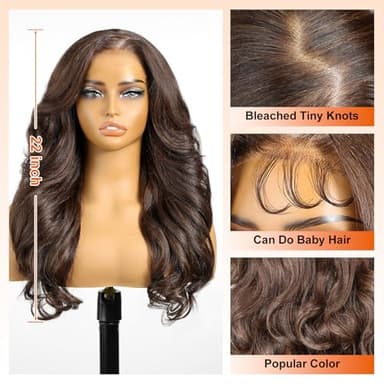 KOME Natural Brown Synthetic Lace Front Wig,5×5 Body Wave Pre Plucked Glueless Wigs for Women Daily Use 22IN - Image 3