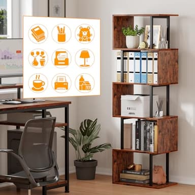 Furologee 6 Tier Bookshelf, Tall S Shaped Geometric Bookcase, Modern Display Shelf Standing Unit, Wood Metal Decorative Divider Rack for Living Room Bedroom Office, Rustic Brown - Image 9