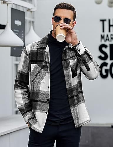 COOFANDY Men's Flannel Shirts Casual Button Down Plaid Shirt Jacket Long Sleeve Fleece Shacket with Pockets Black - Image 3