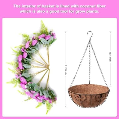 Ammyoo Artificial Flowers in Hanging Basket Planter for Home Spring Summer Decoration, Silk Rose Peony Outdoor Indoor Arrangements, 12" Metal Coconut Lining Basket with Faux Plant(Purple) - Image 2