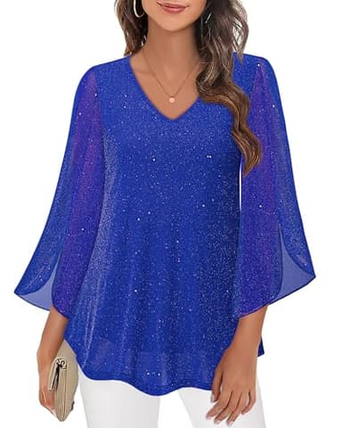 Bebonnie Sparkly Tops for Women Party: Casual Long Sleeve Dress Shirts Flowy Chiffon Tunic Blouses - Plus Size Dressy Tops for Wedding - Dress Blouses for Women Elegant Star Blue L - Image 2